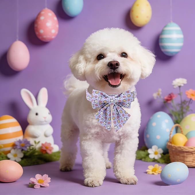 Maca Bates Easter Day Egg Dog Collar with Sailor Bow Tie for Extra Small Girl Boy Dogs, Purple Cute Bunny Rabbit Pattern,Adjustable Durable Soft Breakaway Collars for Male Female Puppy