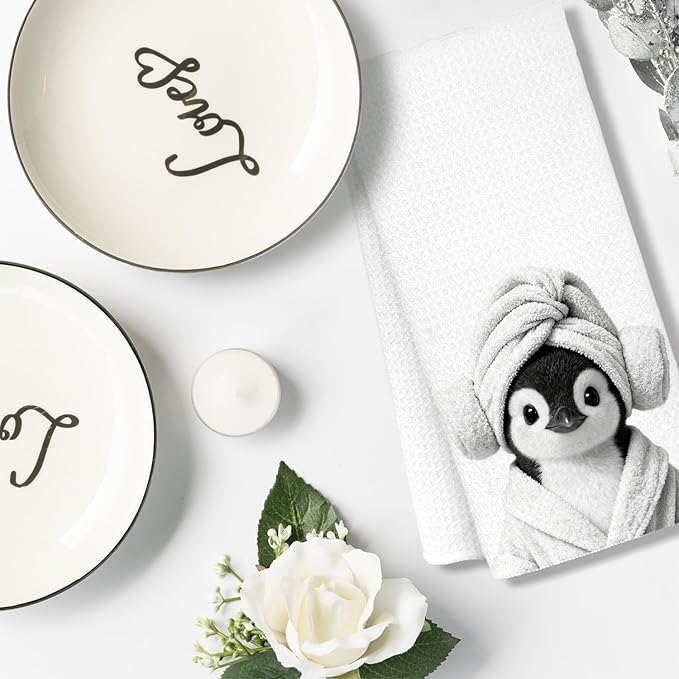 Funny Penguin Bathroom Hand Towels, Penguin Gifts for Women, Gifts for Animal Lovers, Black and White Animal Decorative Hand Towels for Bathroom Decor, 16x24 Inch