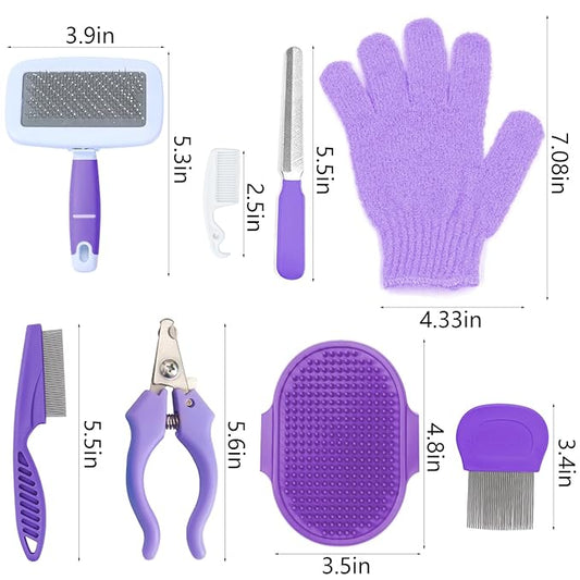 VCZONE 8 Pcs Small Animal Grooming Kit, Rabbit Grooming Kit with Pet Nail Clipper and File, Flea Comb, Pet Shampoo Bath Brush, Pet Shedding Slicker Brush, Bath Massage Glove, Cleaning Comb (Purple)