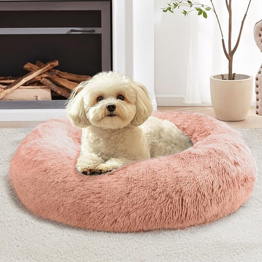 JOLLYVOGUE Calming Dog Beds Large Sized Dog, 36in Donut Washable Large Pet Bed, Anti-Slip & Anti-Anxiety Fluffy Faux Fur Round Dogs Bed, Fits up to 80 lbs Pets (Peach Pink)