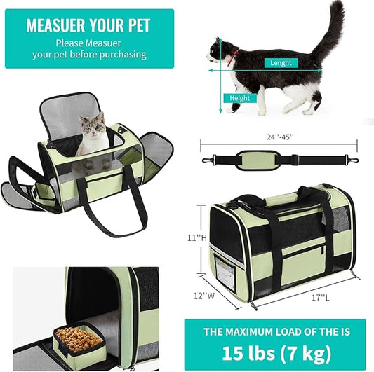 Soft Side Cat Carrier Airline Approved for Puppy Kitten Dog Carriers for Small Medium Cats Under 15lb, Collapsible TSA Approved Travel Pet Carrier, Green