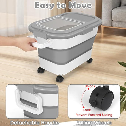 Dog Food Storage Container, 20Lbs Large Collapsible Pet Cat Food Container with Airtight Lids Wheels Handle Scoop Measuring Cup Small Container, Rice Kitchen Dry Food Storage Dispenser Bin (Grey)