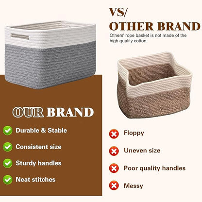 Storage Baskets for Organizing, 4 Pack Baskets for Shelves, Decorative Storage Bins for Shelves, Cotton Rope Storage Basket with Handles, Woven Basket for Storage, 13''Lx8.7''Wx7.9''H, White & Gray