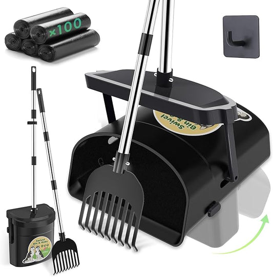 UPSKY Dog Pooper Scooper Swivel Bin & Rake Kit with 100 Waste Bags, 33.4" Stainless Steel Long Handle Heavy Duty Pet Poop Shovel for Large Medium Small Dogs, Odor-Proof Lid for Yard/Lawn/Outdoor Use