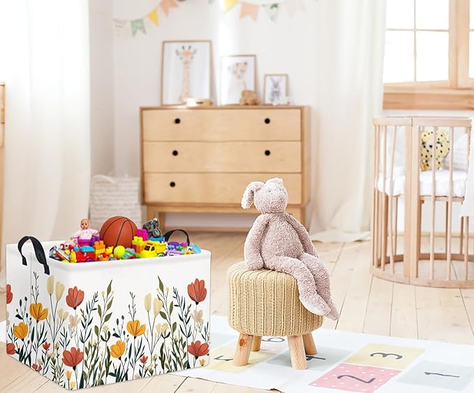 Rectangular Baby Kids Storage Basket for Home Kitchen Girls Cute Toy Storage Bin Organizer Shelf Book Room Decor(Fall Flower)