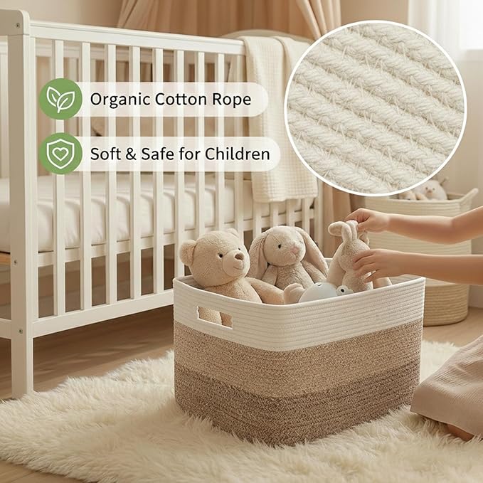 Woven Blanket Basket,65L Large Storage Bin for Blankets Toys Clothes,Decorative Rope Basket for Living Room Bedroom with Handles, White&Brown
