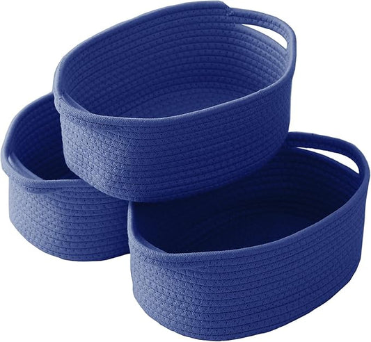 Woven Basket,Small Rope Storage Bin with Handles & Ribbon Bag, Organizer for Shelves Closets,Gift Basket Empty for Birthday,Books,Dog Toys, Navy Blue/3 Pack