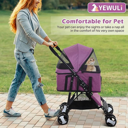 Dog Strollers Pet Cat Stroller 3-in-1 Detachable Doggy Stroller 4 Wheel Dog Travel Cart for Small Medium Dogs Folding Cat Walker Wagons for Dogs Trolley for Doggie Rabbit Puppy Strollers, Purple