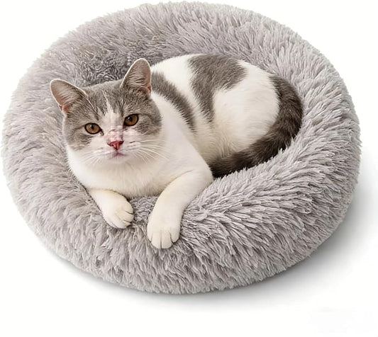 SALAN Calming Dog Bed for Small Dogs & Indoor Cats, 20 Inch Donut Pet Bed, Washable Round Fluffy Plush Faux Fur Cushion with Raised Rim & Anti-Slip Bottom, Soft Cozy Bed Fits Pets Up to 25 lbs (Brown)