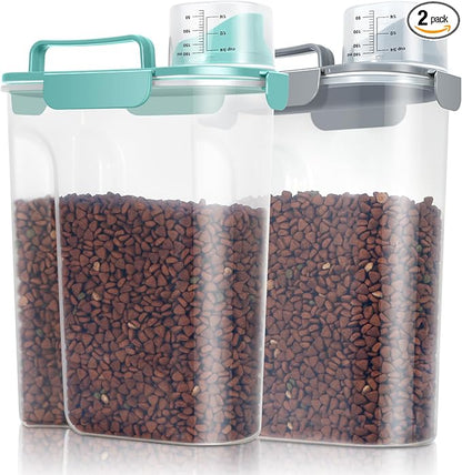 TBMax Pet Dog Cat Food Storage Containers 2 Pack 10 to 14 Lbs, Airtight Cat Food Dispenser with Large Spout & Portable Handle, Travel Dog Treat Storage Bin Bird Seed Container-Cyan+Dark