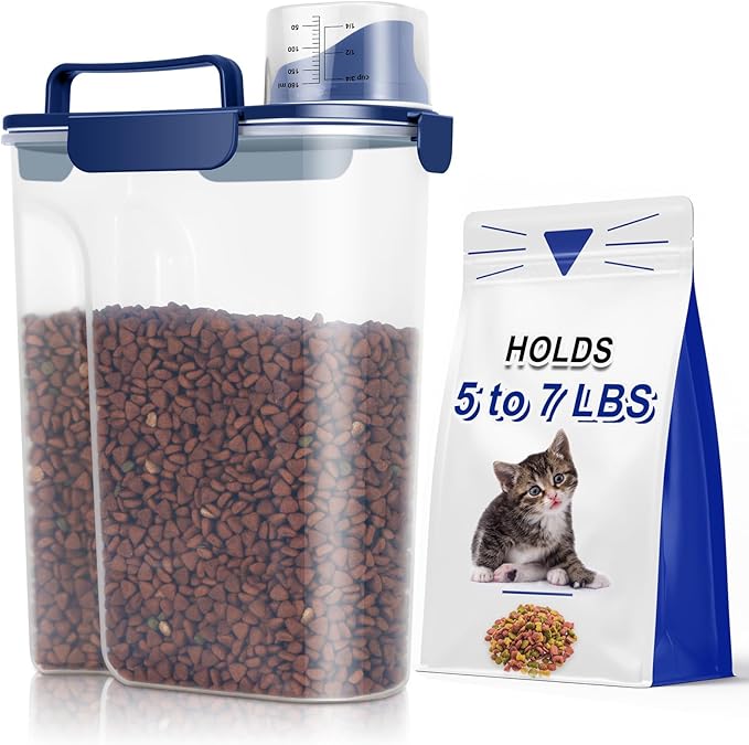 TBMax Large Cat Food Storage Container, Portable Dog Food Container with Upgraded Large Spout and Cup, Travel Pet Food Storage Dispenser for Kibble Storage, Bird Seed Container - Dark Blue