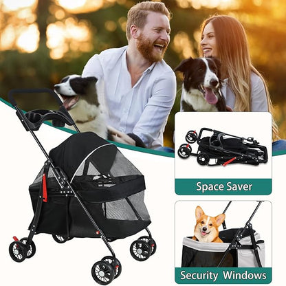 Pet Stroller for Small Dogs Cats, 360 Degree Rotatable Foldable Pet Travel Carrier Pets Strolling Cart with Visible Mesh Adjustable Canopy Cup Holder Rear Wheel Dual Brake 1 Set