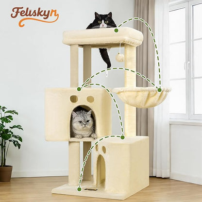 Small Cat Tree Tower for Indoor Cats, 40 in Medium Compact Adults Cat Beds Trees with 2 Condos, Sisal Scratching Post, Large Perch Platform, Multi-Level Kitty Kitten Climbing Stands House(Beige)