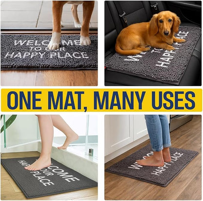 Muddy Mat® Absorbent Microfiber Door Mat and Pet Rug, Non Slip Washable Chenille Indoor Outdoor Entry Rug for Kitchen Bedroom Bathroom - Welcome to Our Happy Place Funny Welcome Mat 19"x30"