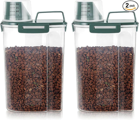 3-5Lbs Airtight Small Cat Dog Pet Food Storage Containers BPA Free, with Large Pour Spout/1 Measuring Cup/ 4 Safety Locks and Double-layer Silicone Strip (Dark Green2Pack)