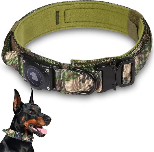 2026 Upgrade Waterproof AirTag Dog Collar, Military Tactical Dog Collar with AirTag Holder, Comfortable Control Handle and Metal Buckle, GPS Dog Collar Holder for Medium to Large Dogs (Camouflage, M)