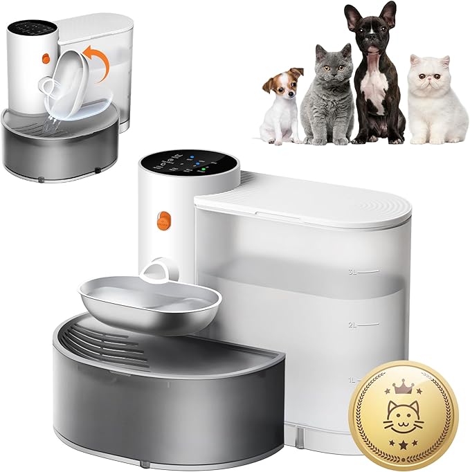 Potaroma Cordless Pet Water Fountain, Stainless Steel Bowl, No Filter, 3.5L Large Capacity, Rechargeable Automatic Water Dispenser for Cats and Small Dogs, Wastewater Separation Fresh Water