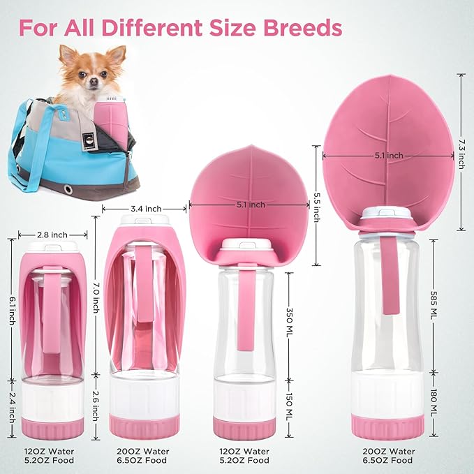 Dog Water Bottle, Pet Water Bottle with Food Container and Drinking Feeder, Leak Proof, BPA-Free, Portable Foldable Puppy Water Cup Dispenser for Outdoor Walking, Travel, Hiking Large Pink