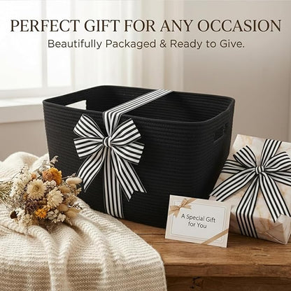 Woven Blanket Basket,65L Large Storage Bin for Blankets Toys Clothes,Decorative Rope Basket for Living Room Bedroom with Handles, Black