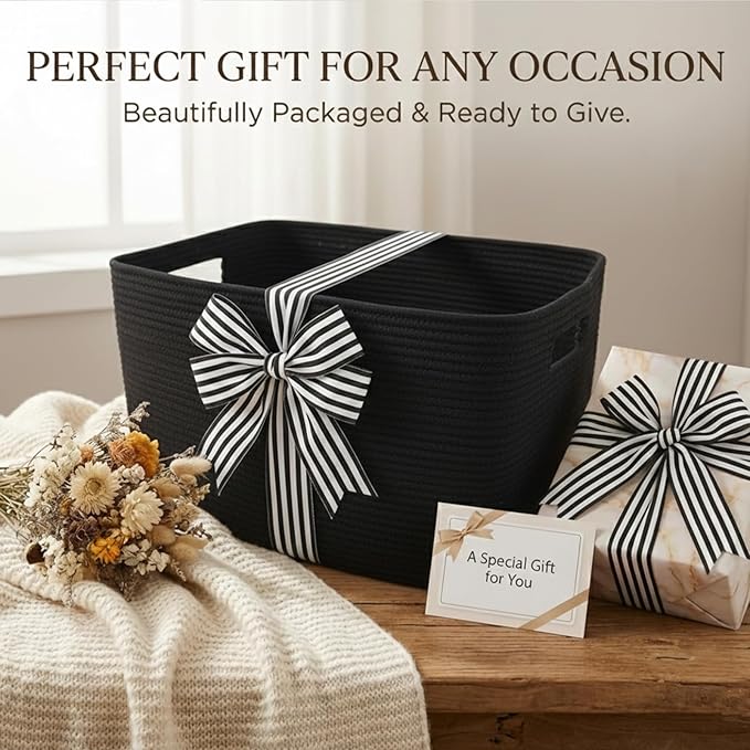 Woven Blanket Basket,96L Large Storage Bin for Blankets Toys Clothes,Decorative Rope Basket for Living Room Bedroom with Handles, Black