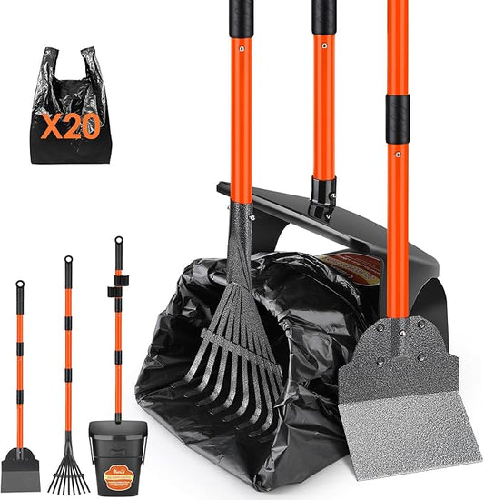 SlowTon Dog Pooper Scooper - 37.4" Long Metal Handle Adjustable Rake & Spade & Swivel Bin with 20 Waste Bags, Portable Pooper Scooper for Gravel Lawn Grass, Suit for Small Medium Large Dog