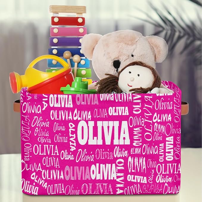 Personalized Foldable Storage Basket with Name, Laundry Hamper Dirty Clothes Pet Toys Storage Bin with Handles for Shelf Home Closet Kitchen, Deep Pink Color