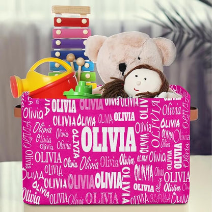 Personalized Foldable Storage Basket with Name, Laundry Hamper Dirty Clothes Pet Toys Storage Bin with Handles for Shelf Home Closet Kitchen, Deep Pink Color