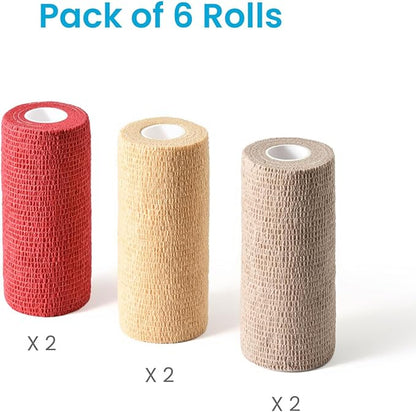 WePet Pet Wrap, Self-Adhesive, Only Sticks to Itself, Non-Woven Tape for Dog Legs, Paws, Wounds, First Aid Cohesive Gauze for Horse, Cat, Bird, Animal, 6 Rolls, 4 Inch, Solid Color A