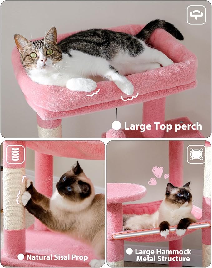 MUTTROS Cat Tree for Large Cats with Metal Plush Big Hammock, 56.3" Cat Tower for Indoor Cats with 2 Door Condo House, 6-Tier Cat Shelves with Scratching Posts and Large Top Perch, Pink