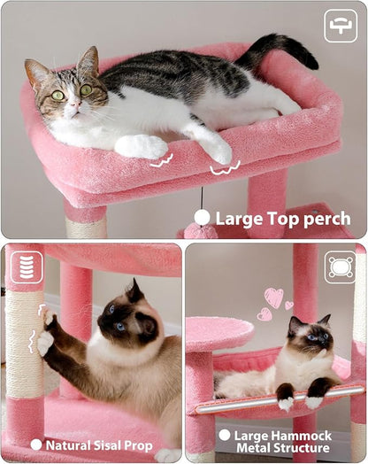 MUTTROS Cat Tree for Large Cats with Metal Plush Big Hammock, 56.3" Cat Tower for Indoor Cats with 2 Door Condo House, 6-Tier Cat Shelves with Scratching Posts and Large Top Perch, Pink