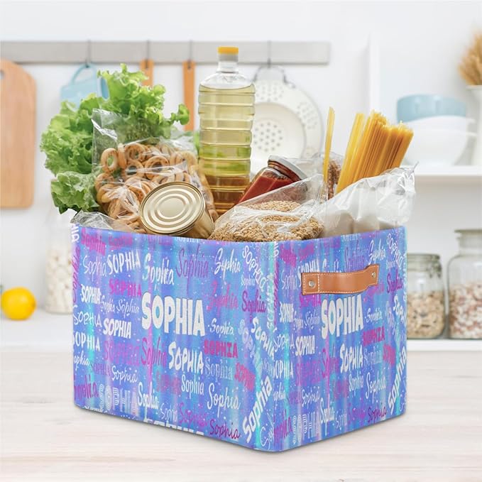 Custom Storage Baskets Named, Personalized Storage Bins Basket Boxes PU Leather Handles for Clothes Bedroom Closet Organizing Toys Books Shelves, Gradient Light Blue Stripes with Stars