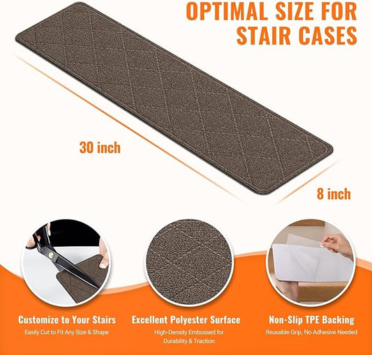 Stair Treads Non-Slip for Wooden Steps, 4Pack - 8" x 30" Edging Stair Runner Indoor for Kids Elders & Pets, Washable Carpet Stair Treads with Peel & Stick Reusable TPE Backing, Brown