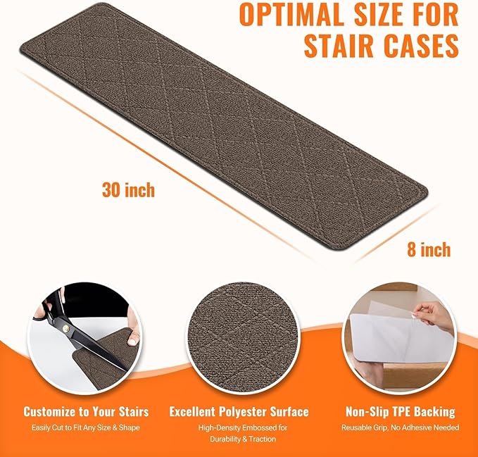 Stair Treads Non-Slip for Wooden Steps, 7Pack - 8" x 30" Edging Stair Runner Indoor for Kids Elders & Pets, Washable Carpet Stair Treads with Peel & Stick Reusable TPE Backing, Brown