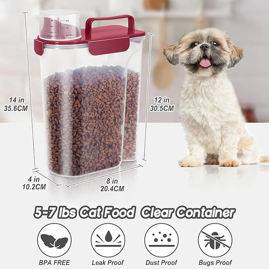 5-7Lbs Dog Cat Food Storage Container with Upgraded Large Nozzle BPA-free, 4 Snap Seals Plastic Pet Food Storage Containers with Handles (Gray Blue + Red, 5L-2pack)