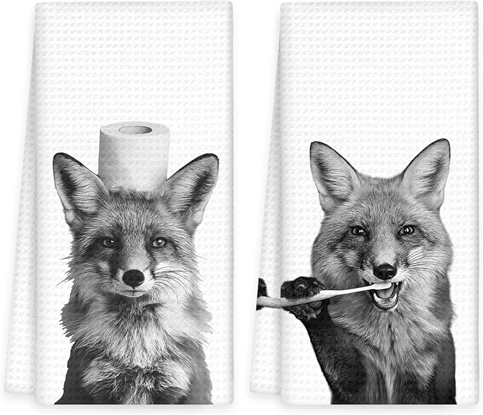 Funny Fox Hand Towels Set of 2, Fox Decor for Home Bathroom, Funny Forest Animal Brush Teeth Hand Towels for Washroom Restroom, Foxes Gifts for Kids, Cabin Foxes Kids Bathroom Decor, 16x24In