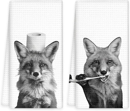 Funny Fox Hand Towels Set of 2, Fox Decor for Home Bathroom, Funny Forest Animal Brush Teeth Hand Towels for Washroom Restroom, Foxes Gifts for Kids, Cabin Foxes Kids Bathroom Decor, 16x24In