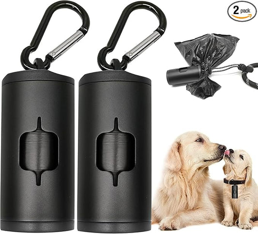 Aluminum Dog Poop Bags Holder with Carabiner Metal Pet Waste Bags Dispenser with Hook and Loop Fastener and Elastic Cord to Carry Used Bags (Black)