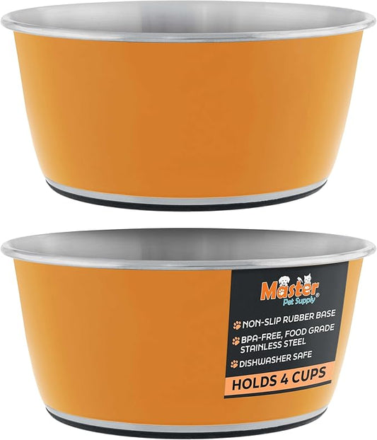 Master Pet Supply Stainless Steel Dog Bowls Set of 2 (32 Oz Each) with Non-Slip Rubber Base - Mango Tango - Basic Dog Food Bowl Water & Food Bowls for Small Medium Large Dogs & Cats, Metal Dish