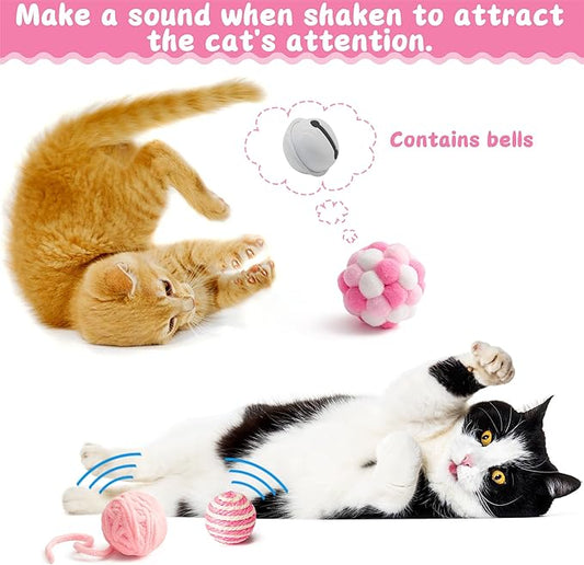 MALLMALL6 Cat Toy Set Interactive Cat Toys 27Pcs Pack Stuff Pink Feather Teaser Wand Springs Mice Sisal Fish Crinkle Balls Bell Balls, Puzzle Pack for Indoor Kitty Play Exercise