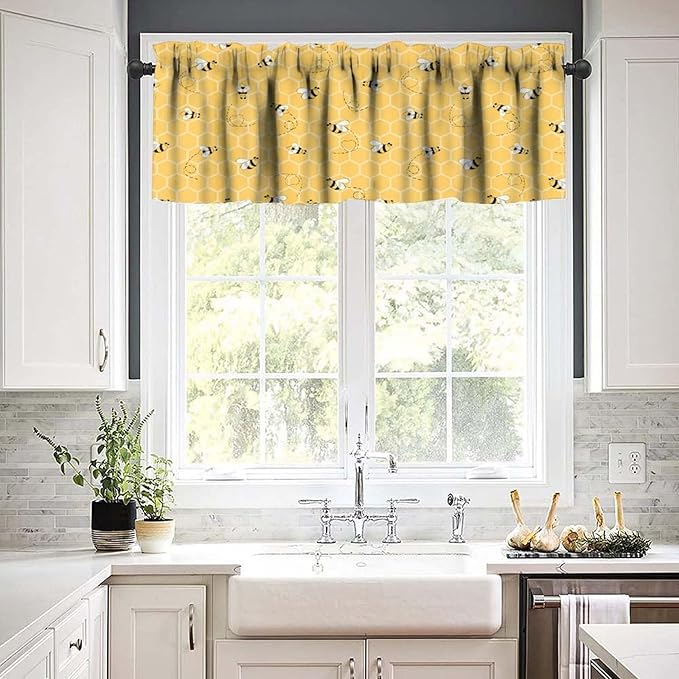 Rustic Bee Valances Curtain for Kitchen, Cute Yellow Bees Honeycomb Window Treatment Valances Short Curtains Rod Pocket Drape for Dining Room Home Farmhouse Decor, 54x18inch