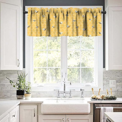 Rustic Bee Valances Curtain for Kitchen, Cute Yellow Bees Honeycomb Window Treatment Valances Short Curtains Rod Pocket Drape for Dining Room Home Farmhouse Decor, 54x18inch