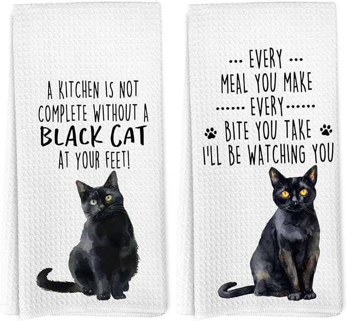 Funny Black Cat Kitchen Towels, Black Cat Mom Lady Lovers Gifts for Women Hand Towels, Gifts for Pet Lovers Dishcloths Dish Towel for Kitchen 16x24 Inches Set of 2
