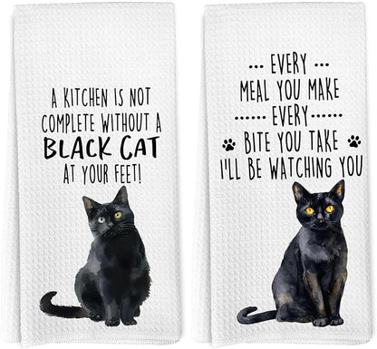 Funny Black Cat Kitchen Towels, Black Cat Mom Lady Lovers Gifts for Women Hand Towels, Gifts for Pet Lovers Dishcloths Dish Towel for Kitchen 16x24 Inches Set of 2