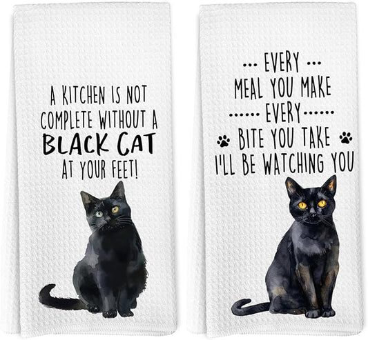 Funny Black Cat Kitchen Towels, Black Cat Mom Lady Lovers Gifts for Women Hand Towels, Gifts for Pet Lovers Dishcloths Dish Towel for Kitchen 16x24 Inches Set of 2