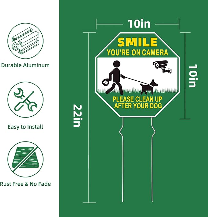 Clean UP After Your Dog Signs, 4-Pack 10"x10" Double-Sided Metal Stakes Smile Your on Camera Signs, Pick Up After Your Dog Sign for Yard