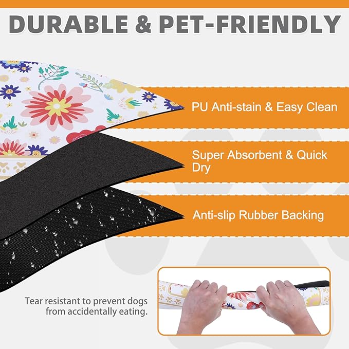 KOOLTAIL Dog Food Mat, Absorbent Pet Feeding Mat for Food and Water Bowls, Placement Pad for Floors with Waterproof Rubber Backing, Quick Dry Water Dispenser Mat for Dogs Puppy Cats, Flower, 17"x28"