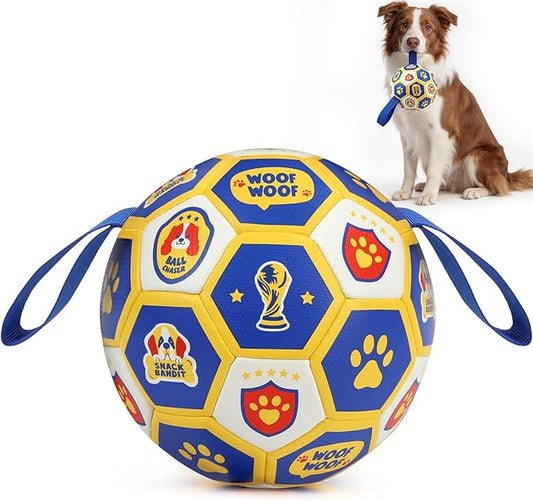 Vivifying Dog Toys Balls, Interactive World Cup Soccer Ball for Small Medium Dogs, Durable PU Enrichment Training Toy with Straps for Indoor and Outdoor Tug-of-War & Playing (6 Inches)
