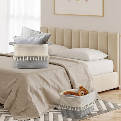 TeoKJ Storage Basket 3 Pack for Organizing, Cotton Rope Baskets for Toy, Clothes, Blankets, Decorative Basket for Living Room, Nursery, Bathroom, White & Gray