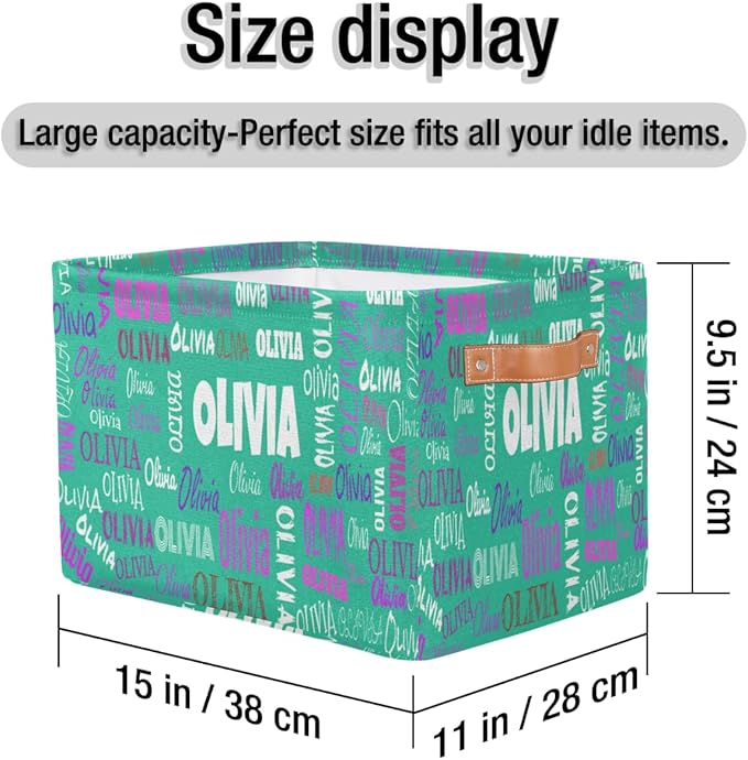 Custom Storage Baskets Named, Personalized Storage Bins Basket Boxes PU Leather Handles for Clothes Bedroom Closet Organizing Toys Books Shelves, Light Sea Green Color