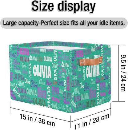 Custom Storage Baskets Named, Personalized Storage Bins Basket Boxes PU Leather Handles for Clothes Bedroom Closet Organizing Toys Books Shelves, Light Sea Green Color